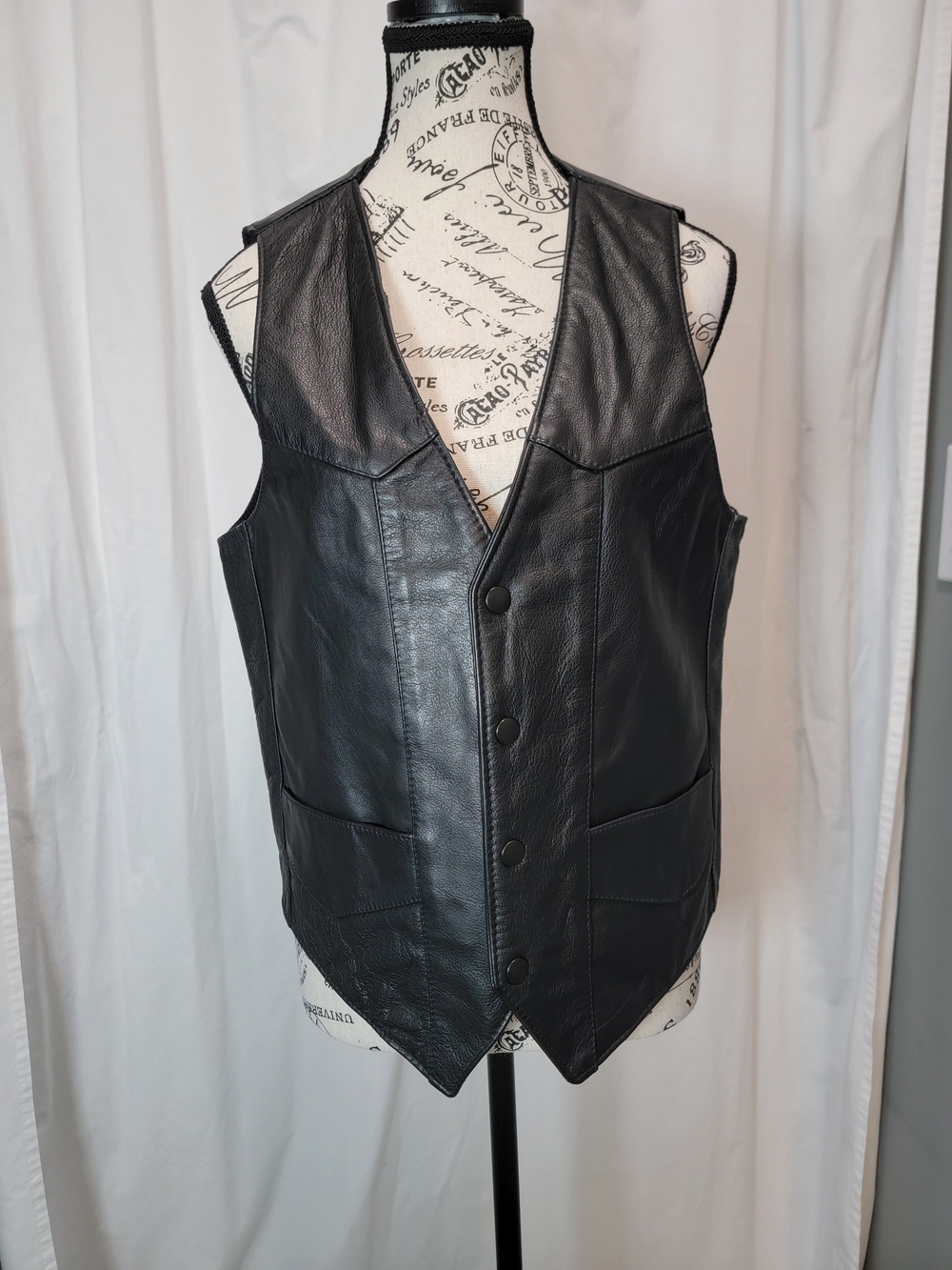 Men's Vintage Black Leather Biker Vest with Button Front New Without Tags